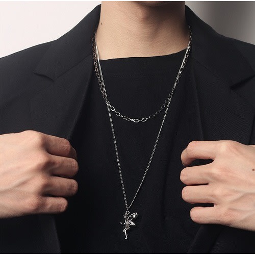 Angel Pendant Double Layered  Necklace - Silver