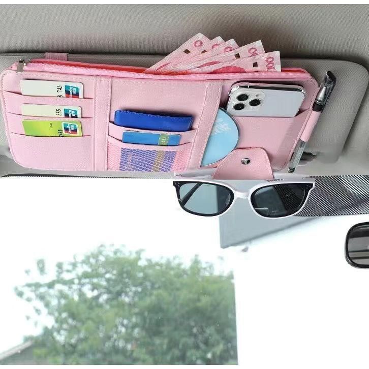 Car sun visor storage bag multi-function card bag car glasses clip car card ticket driver's license storage clip pink chain