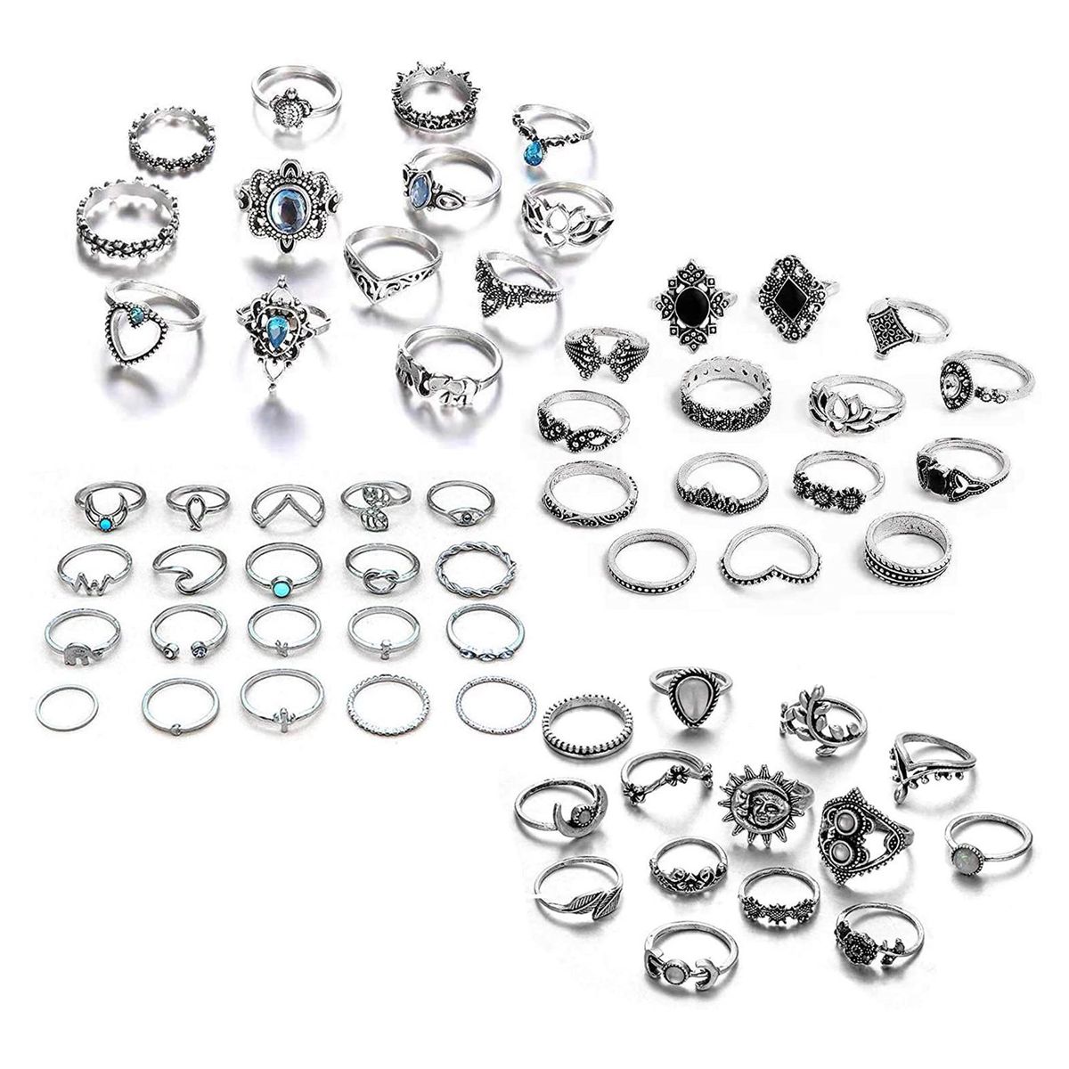 62Pcs Silver Alloy Retro Ethnic Rings Set Diamond Embedded Carved Pattern DIY Self-combination Joint Finger Rings