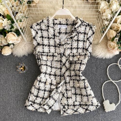 Fragrant and fragrant tweed jacket for women, retro clothes with large pockets, short vest, new