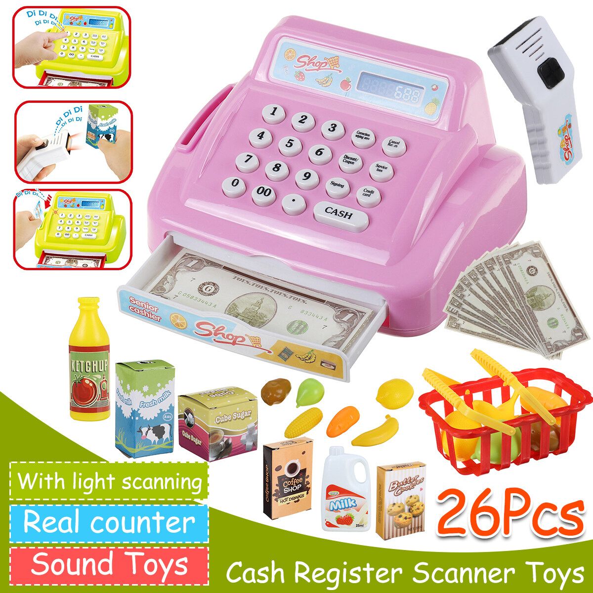 Children's Pretend To Play Supermarket Simulation Smart Cash Scan Register Toy Pink