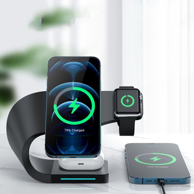 4IN1 Qi Wireless Charger Stand Charging Station Dock 15W Fast Black