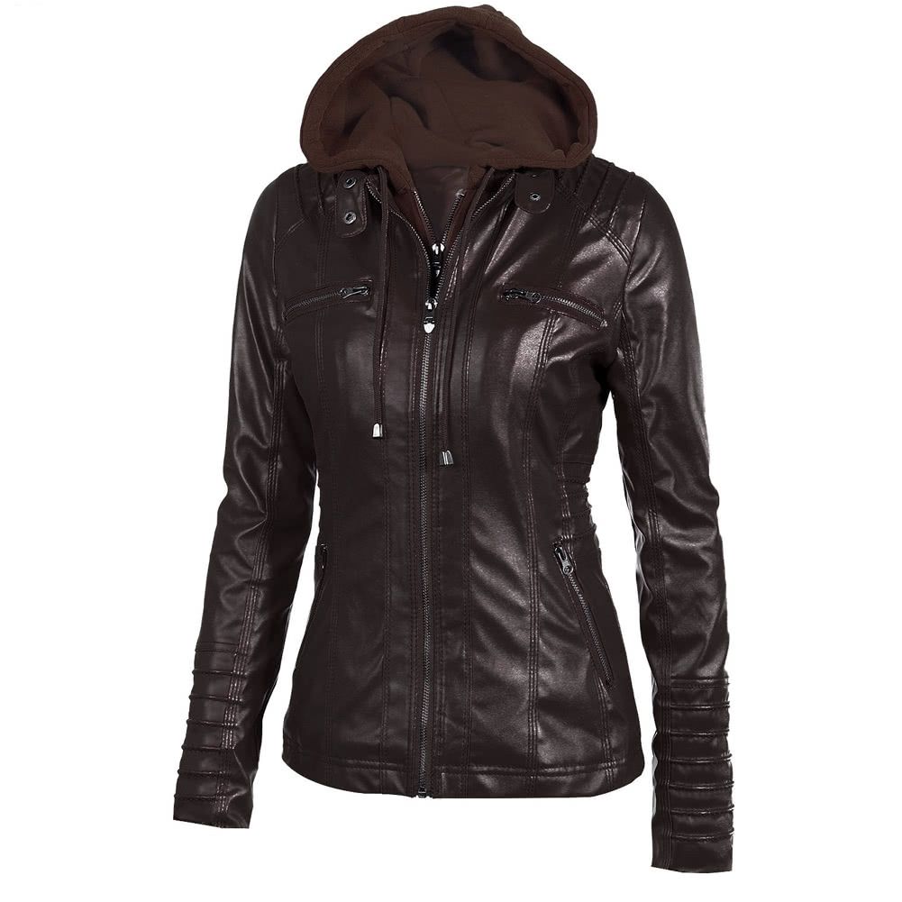 Women's Faux Leather Hooded Jacket Zippered Hoodie Short Slim Motorcycle Jacket Coat-khaki