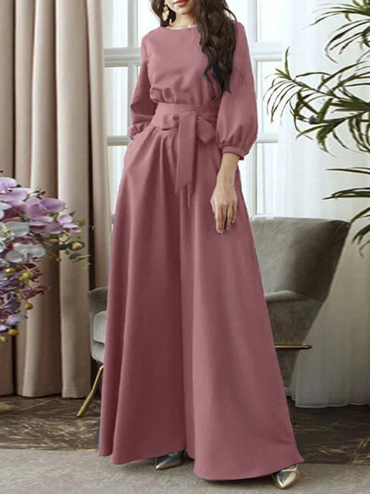 Solid Color Belted O-neck Lace Up Side Pocket 3/4 Sleeve Vintage Maxi Dress