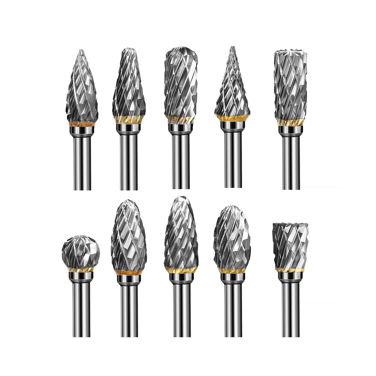 Single Cut Carbide Rotarys Burr Set, 10 Pcs 1/8inch Shanks, 1/4inch Head Length Tungsten Steel for Woodworking,Drilling