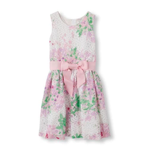 Girls' Sleeveless Floral Print Ribbon Belt Flare Dress