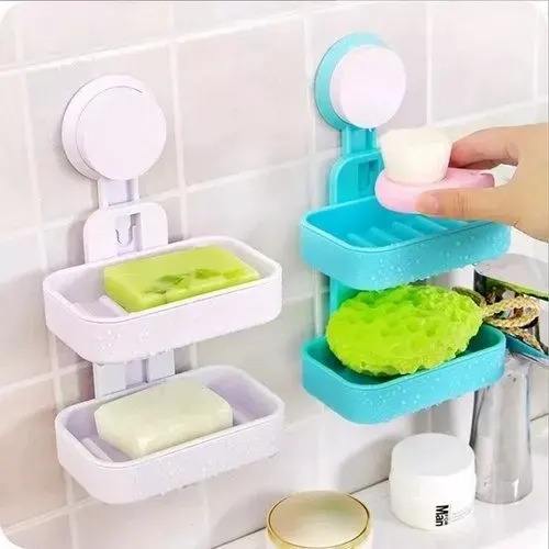 2 In 1 Plastic Double Layer Wall Mounted Soap Dish Box With Suction Cup
