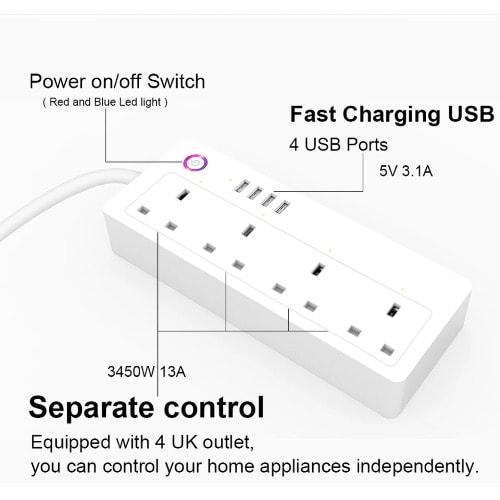 13a Smart Wifi Power Strip Extension Cable With 4 Individually Controlled Ac Sockets-4 Usb