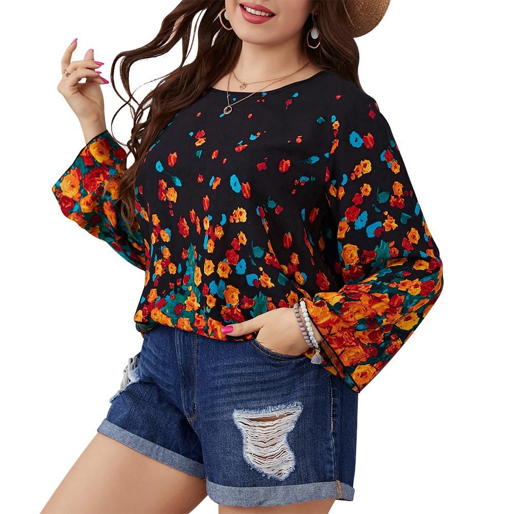 Women Plus Size Tunic Tops Floral Print Long Sleeves Vintage Casual Blouse Black 2XL