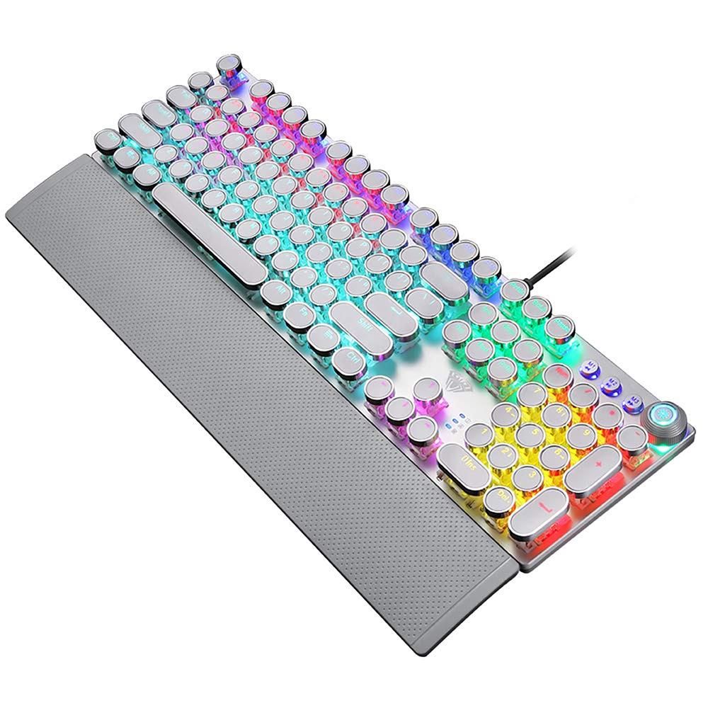 AULA F2088 104 Keys Wired Gaming Mechanical Punk Round Keyboard Mixed Light Effect Metal Panel with Wrist Pad White(Blue Switches)