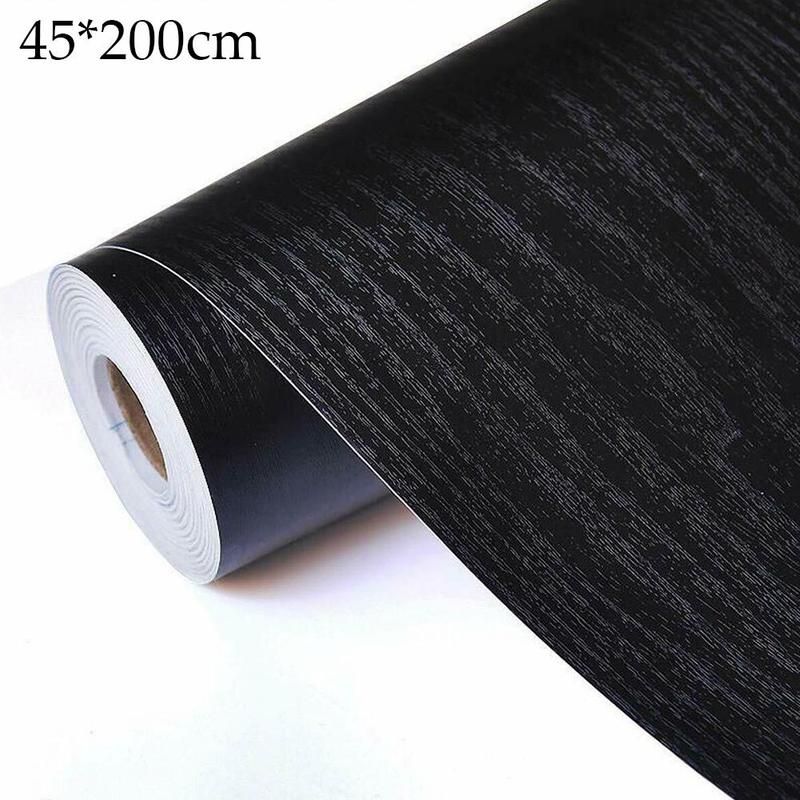 45*200cm Self-Adhesive Sticker Furniture Wood Grain Table Vintage Film Thicken Decorative PVC Wallpaper For Cabinet Vinyl W U2S0-Pure Black