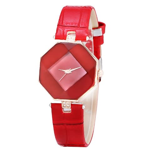 Geometry Crystal Leather Quartz Wristwatch-red