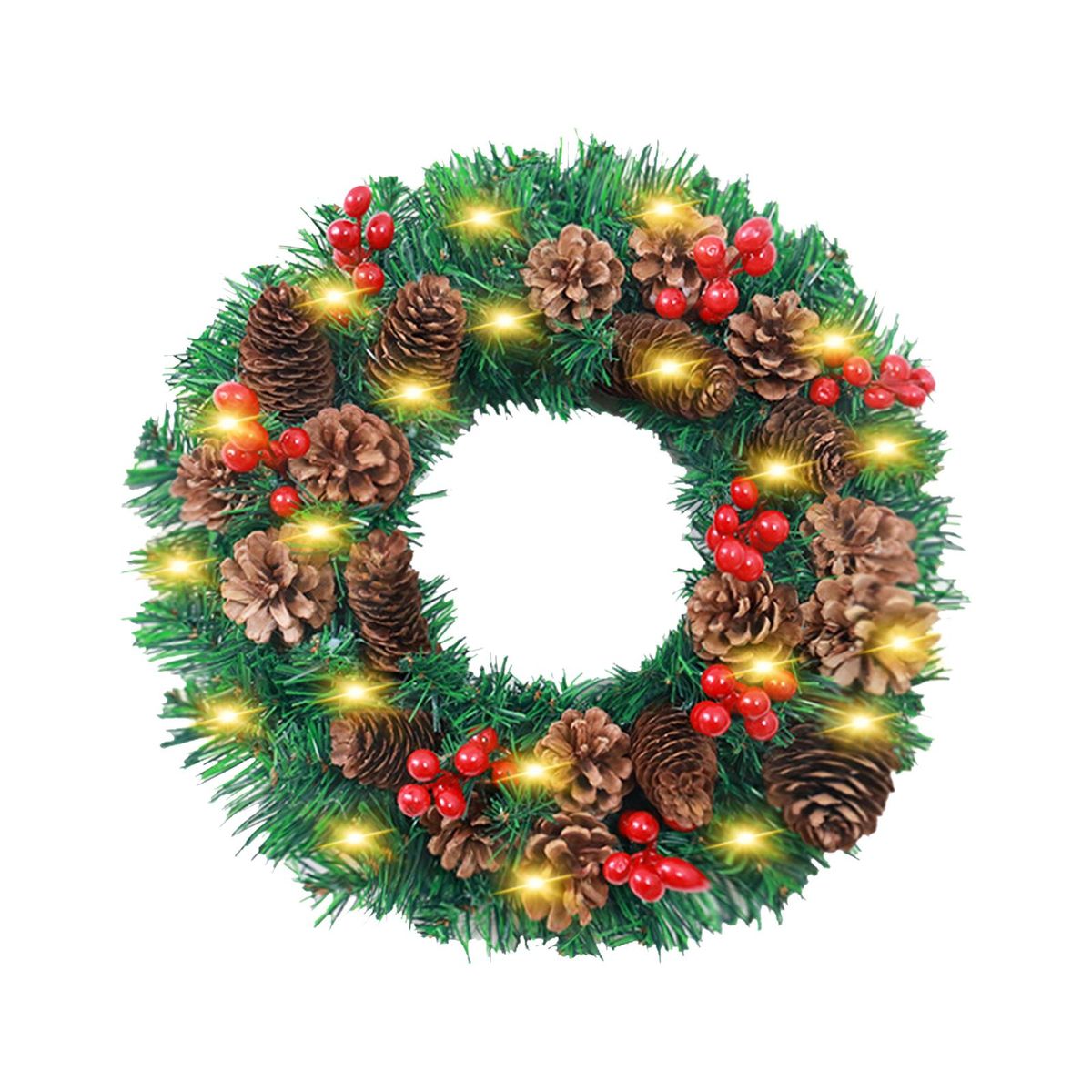 LED Christmas Wreath With Battery Powered String Light Pine Cones Red Fruit 20 Inch Merry Christmas Hanging Garland Artificial Wreath for Front Door Wall Party Decoration