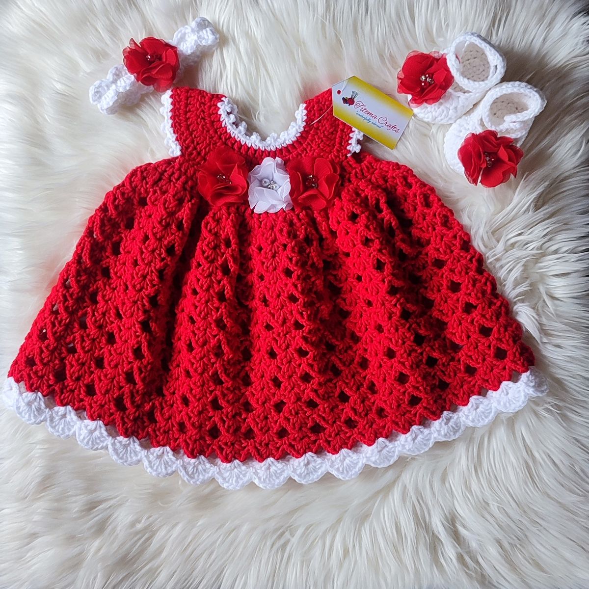 Red Crochet Baby Gown Dress With Roses