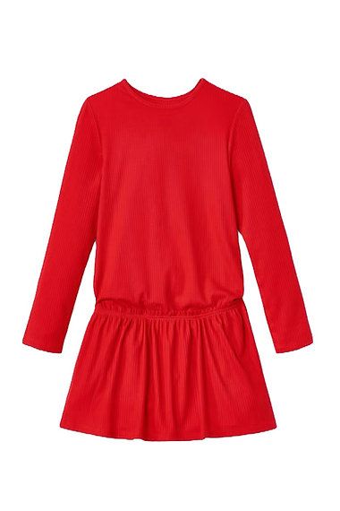 Toddlers Girl Ribbed Long Sleeves Jersey Dress, Red