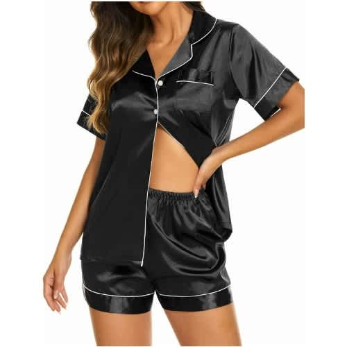 Silk Pajamas Womens Short Sleeve Sleepwear Button Down- 2 Piece
