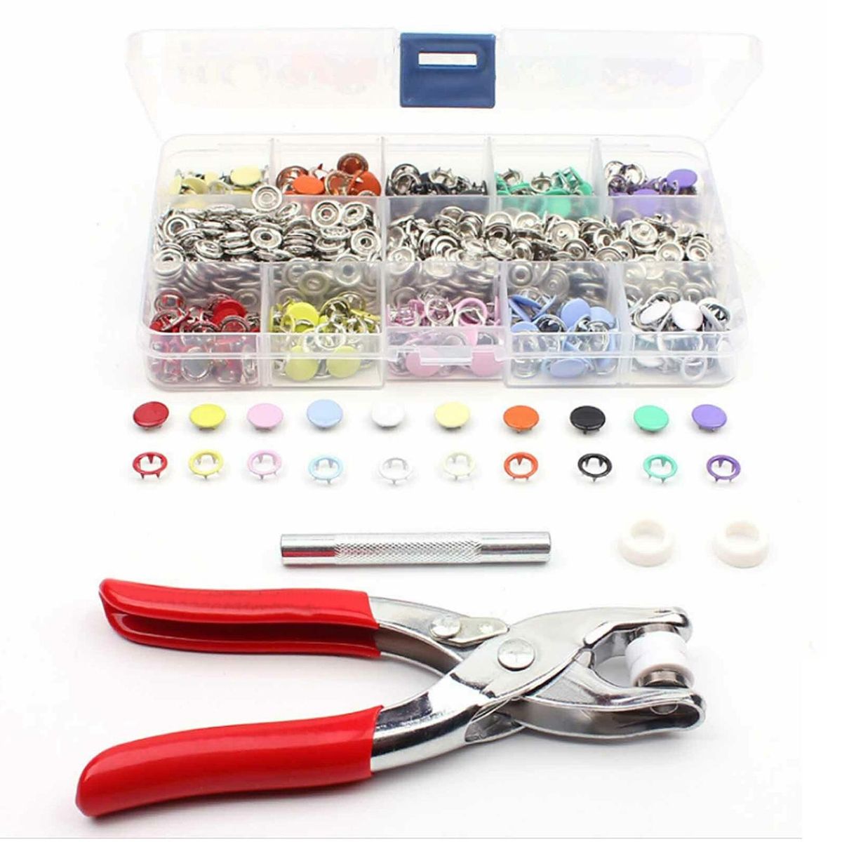 Snap Fasteners Tool Kit Hollow and Solid Metal Prong Snaps Buttons for Clothing Crafting Hats Bags Curtains DIY 200PCS 10 Colors 9.5mm