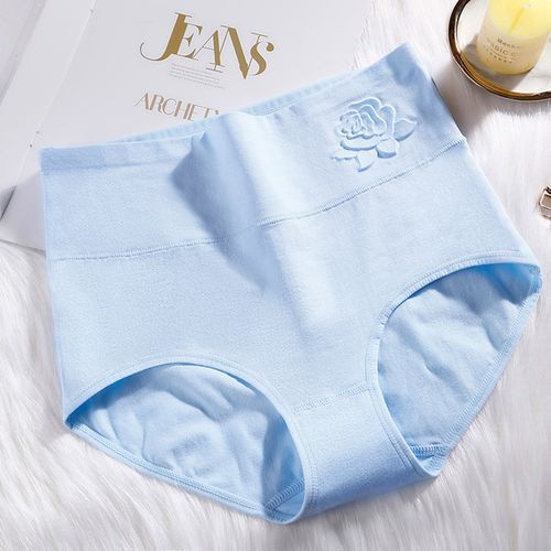 Cotton Women's Panties Elastic Soft Large Size 4XL Underpanties Embossed ROSE Ladies Underwear Breathable Sexy High Waist Briefs(#light Blue)