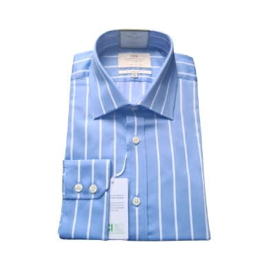 Men's Formal Non Iron Blue & White Bold Stripe Slim Fit Shirt - Single Cuffs