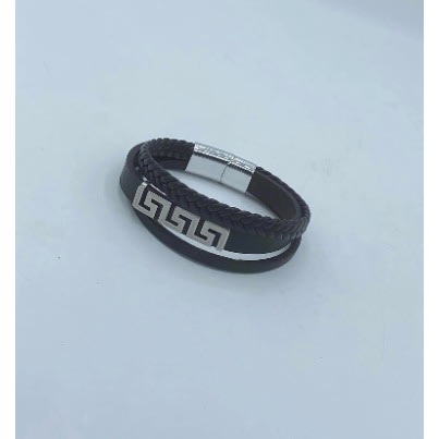 Triple Level Unique Men's Classic Leather Bracelet Silver N Black