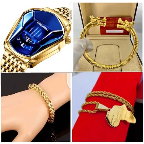 Superior Quality Non Fading Gold Wristwatch with 2 hands chain and Necklace