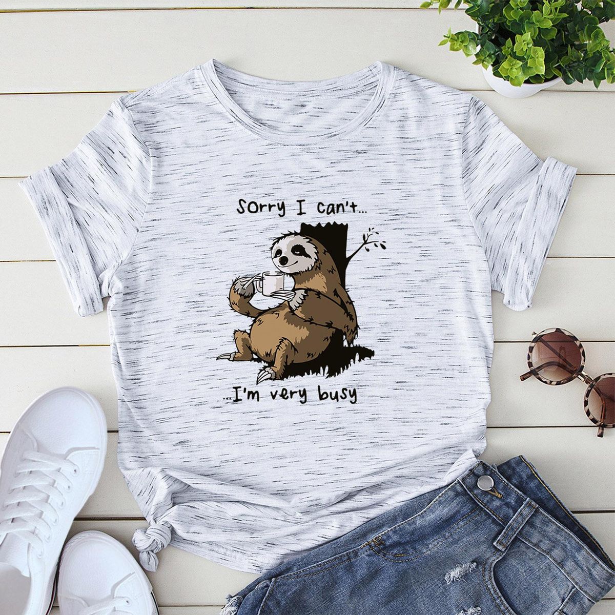 Women T-shirt Cute Sloth Print Short Sleeve O Neck Plus Size Casual Loose Tops S-5XL