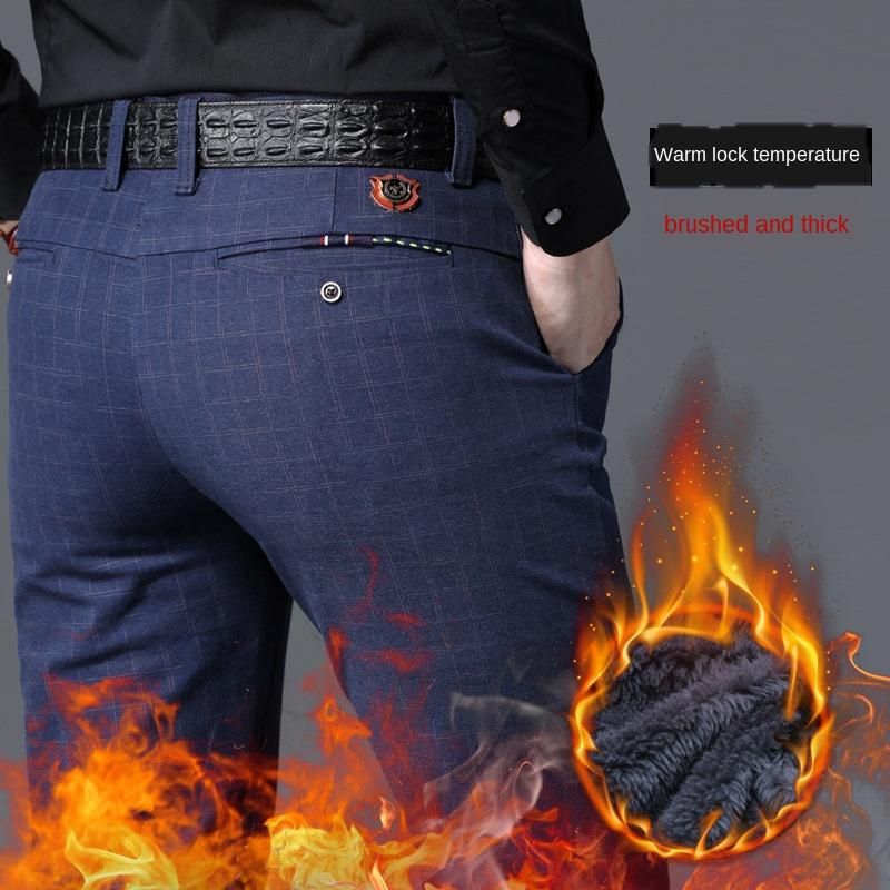 Warm casual pants for men Adjusted business clothes thick velvet black and navy blue winter