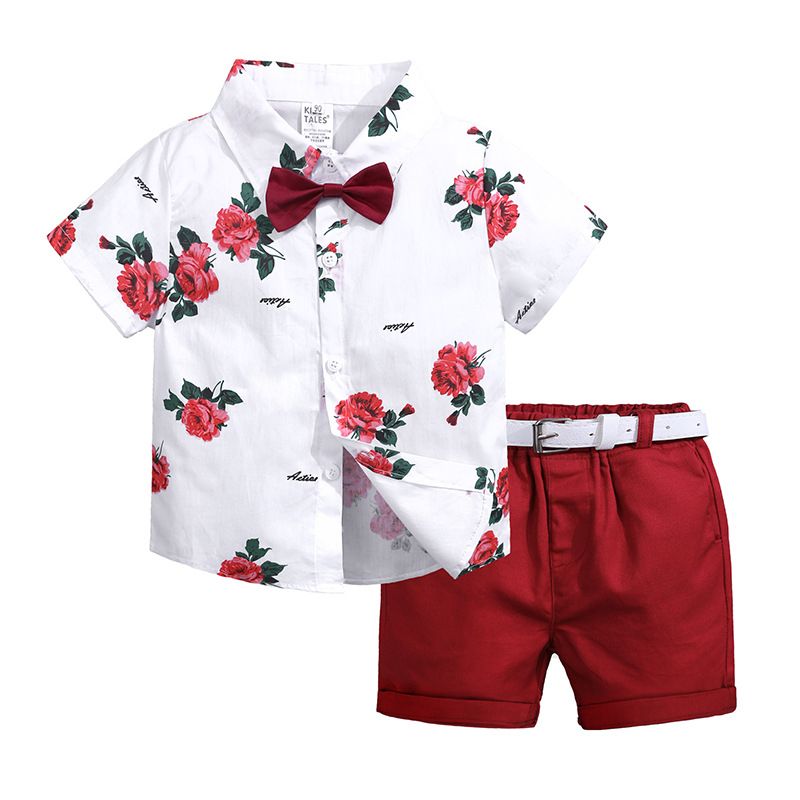 Summer Children's Printed Shirt Casual Shorts Suit Belt