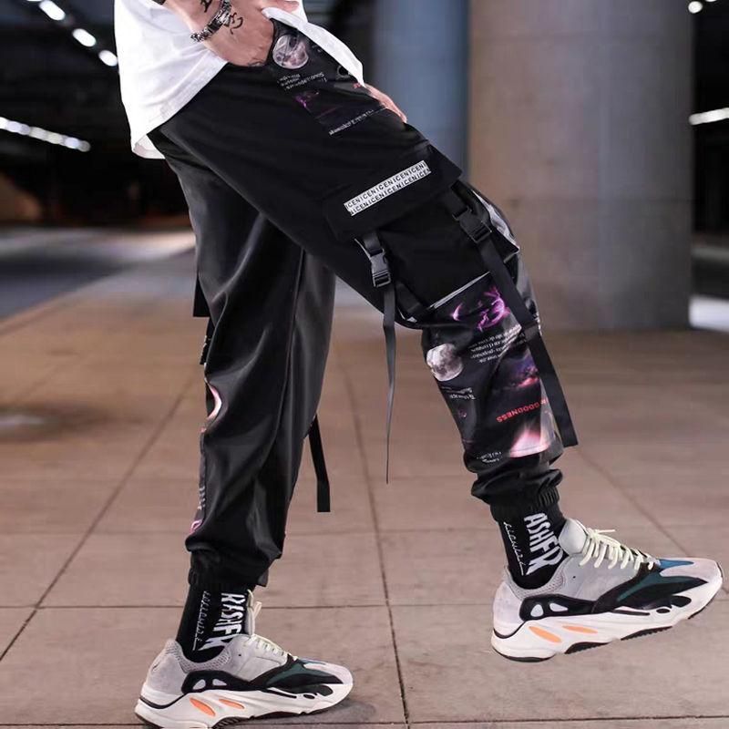 Patchwork Block Pocket Cargo Joggers Men Print Hip Hop Style Letters New Harem Pants Casual Men Ribbons Tracksuit Pants