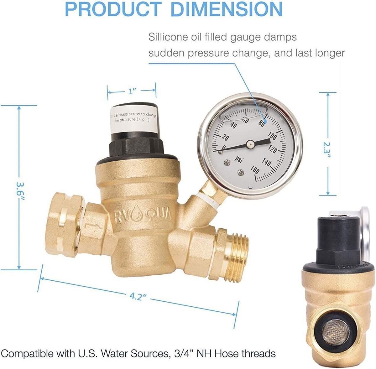 RV Water Pressure Regulator Brass Adjustable Pressure Relief