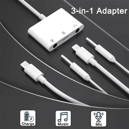 3 in 1 Lightning to Microphone Audio Adapter Support Dual 3.5mm