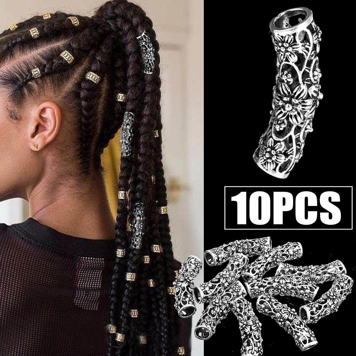 10pcs 7.5mm Flower Tibetan Silver Hollow Bend Tube Dreadlock Beads Decor Jewelry