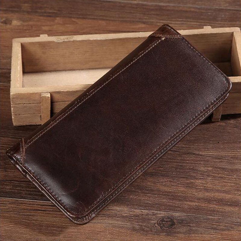 Genuine Leather Purse Real Cowhide Men Bifold Purse Long Designer Cash Coin Pocket Card Holder Clutch Bag Vintage Male Wallet Color Brown JIE