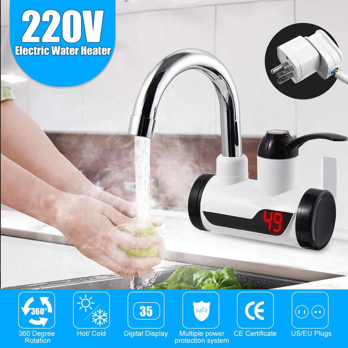 Instant Electric Faucet Tap Hot Water Heater LED Display Bathroom Kitchen EU