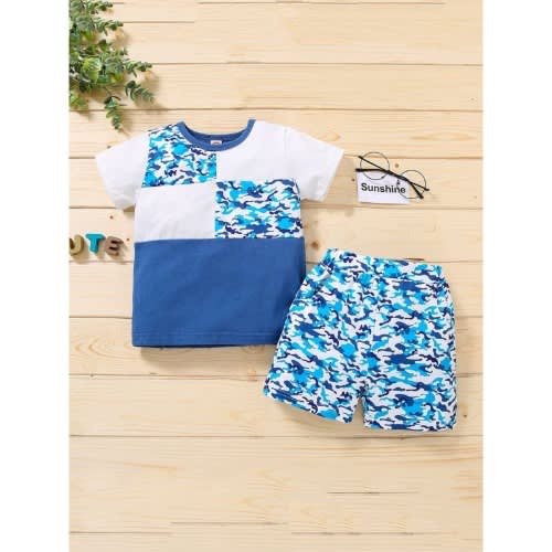 Boy's Camo Zebra Print Color Block Set Top And Shorts - 2 Pcs