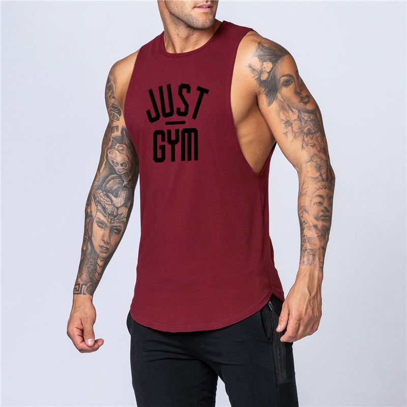Workout Clothing Bodybuilding Singlets Cotton Fitness Gym Mens Tank Top Vest Muscle Sleeveless Sportswear Undershirt Stringer(#Burgundy) SHA