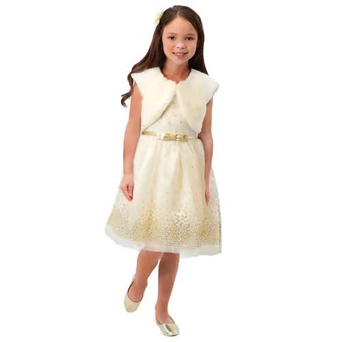 Blinged Tulle & Fur Jacket Party Dress For Girls
