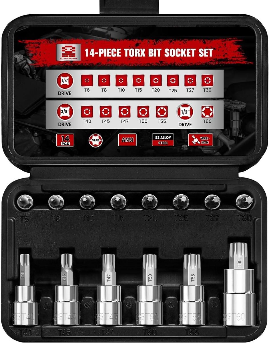 Torx Bit Socket Set, 14-Piece Star T6 - T60 Set, 1/4&rdquo; 3/8&rdquo; 1/2&rdquo; Drive, Premium S2 Alloy Steel Bits, Enhanced Storage Case