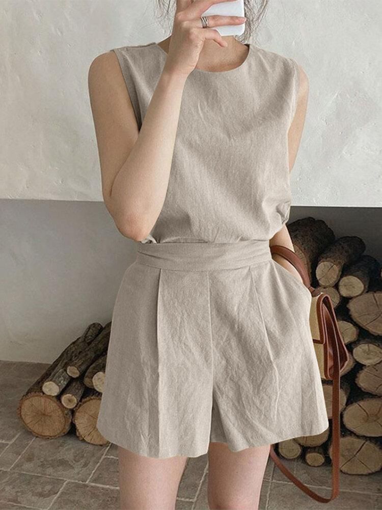 Solid Slit Back Pocket Elastic Waist Two Pieces Suit