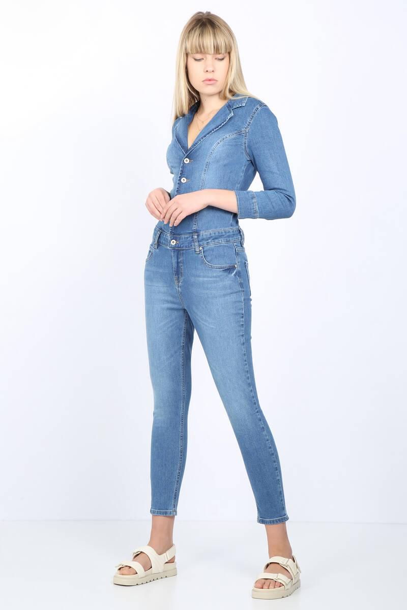 Women's Light Blue Jacket Collar Jean Jumpsuit Pants