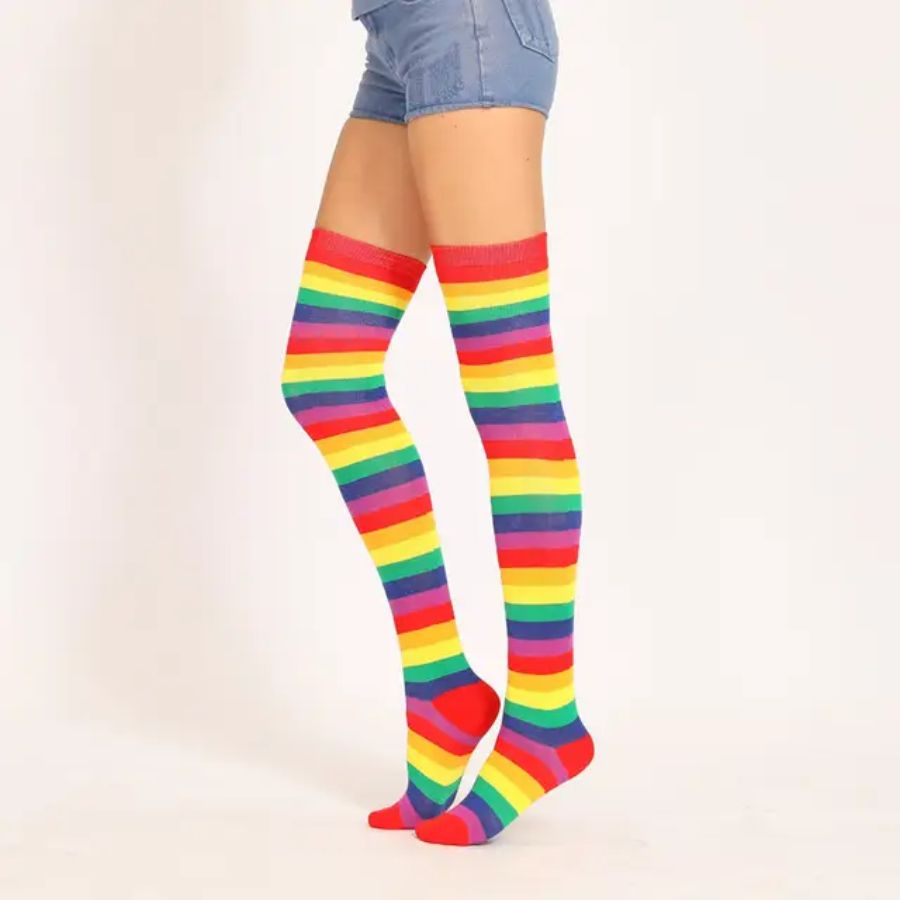 Over Knee Thigh High Rainbow Sock Red Rim