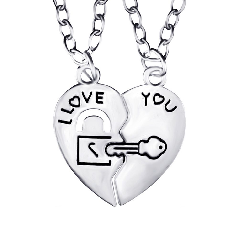 I Love You Heart Lock Key Couple Pendant Necklace Lovers Jewelry Sweet Gift-Silver
