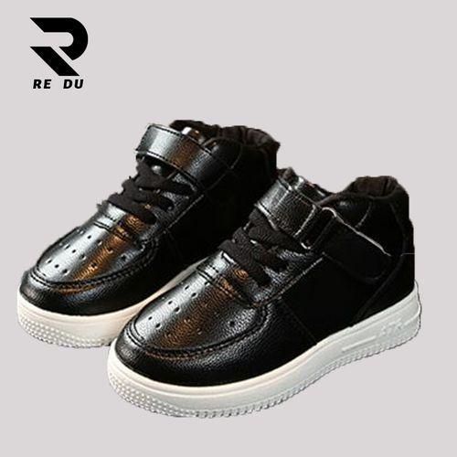 Children's PU Leather Sports Shoes Boys Casual Girls Mid-top Sneakers Black