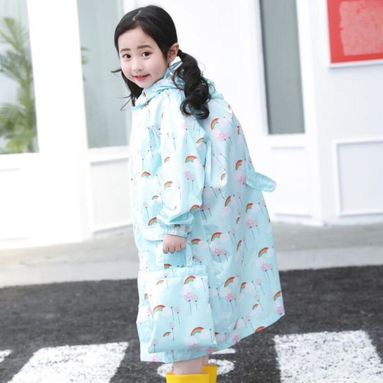 Cartoon Children Raincoats Waterproof Raincoat With Schoolbag-Blue