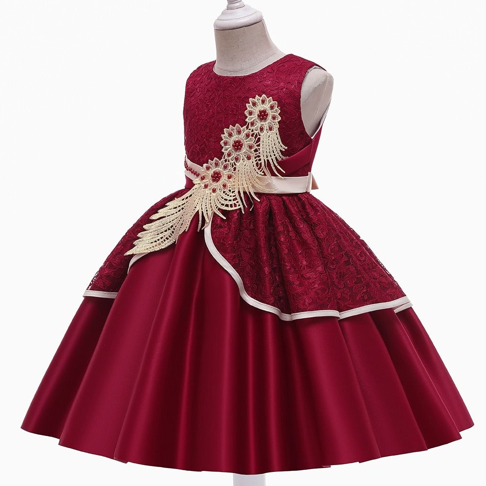 GIRL SEQUIN LEAF BALL GOWN - WINE RED - G82