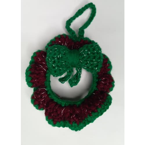 5 inches Handmade Crochet Christmas Wreath With Bow Ornaments- Green/wine