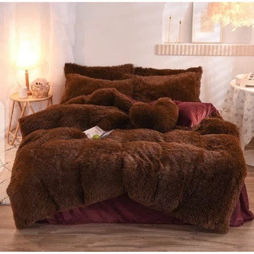 Bedding Collection Fur Duvet - Bedsheet And 4 Pillow Cases - Brown
