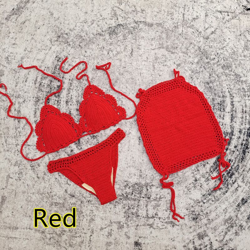 (Red)2023 New Crochet Solid 3PCS/SET Swimwear Cover Up Set Women Knitted Bikini Set+Mini Bodycon Skirt Cover-ups Beachwear SMA