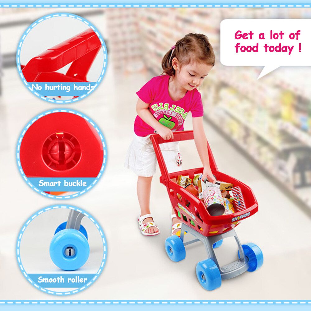 [Great Gift For Kids] Supermarket Shopping Cart Toy Supermarket Store Playset Gift For Toddler W/Food