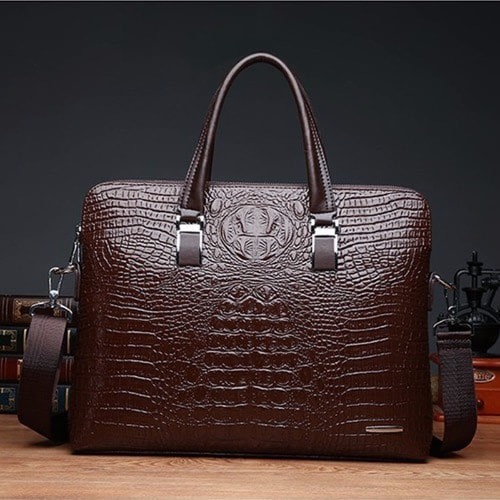 Men's Crocodile Skin Messenger Bag - Brown